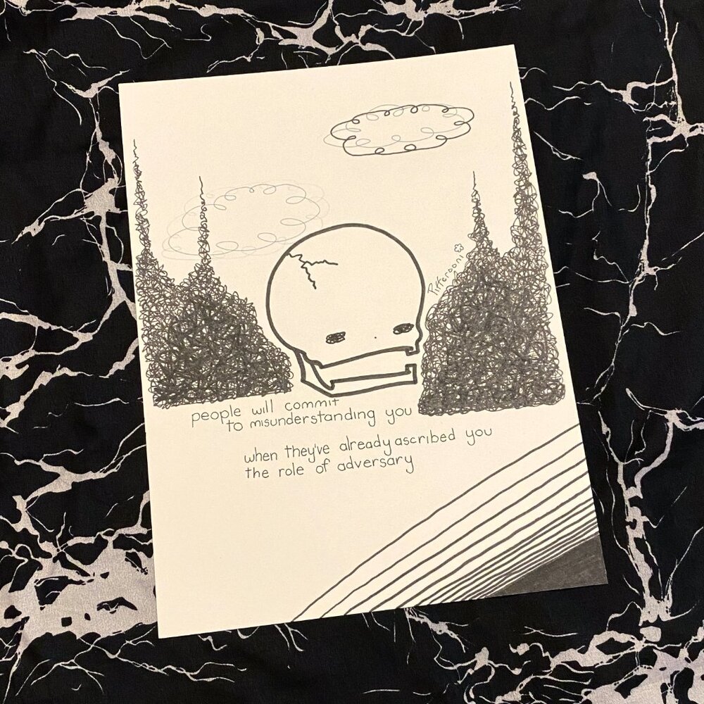 Original ADVERSARY crazy cute skull poetry poster drawing